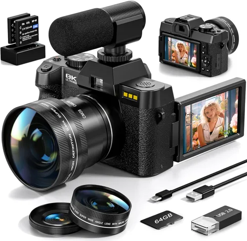Cámaras digitales 8K para fotografía, cámara de vlogging de 64MP con pantalla abatible de 180°, 2 baterías, tarjeta TF de 64 GB, zoom de 16X, WiFi,