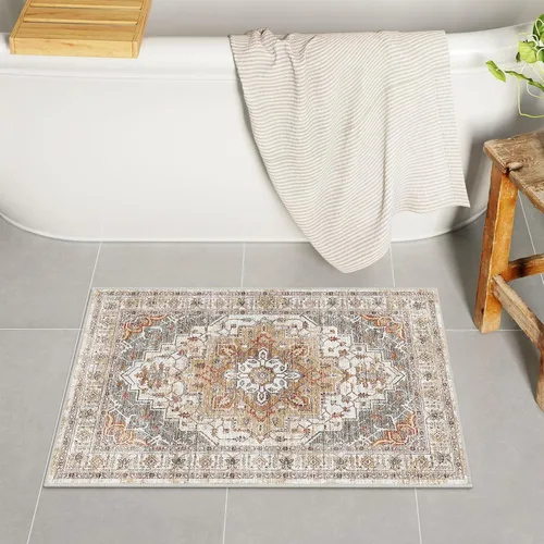 Alfombras de baño vintage y bohemias para baño, color caqui claro, alfombra de baño pequeña, cómoda alfombra de baño de terciopelo antideslizante,