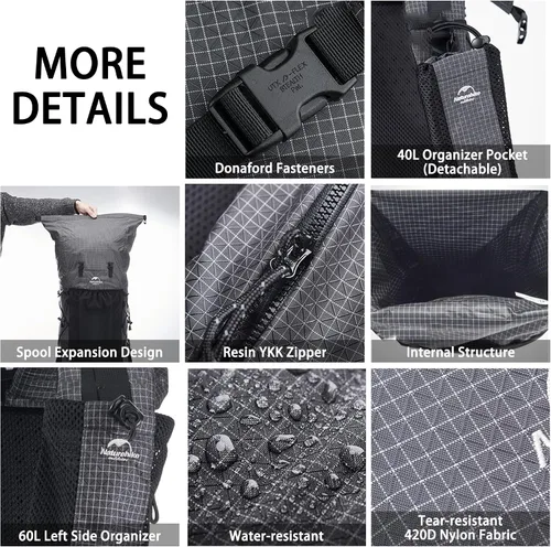 Miniatura 5 de Naturehike Rock-40L/60+5L Mochila de senderismo con marco interno para adultos, mochila impermeable para camping, viajes, mochilero, bolsa