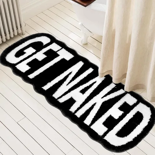 Get Naked - Alfombra de baño larga, alfombra de baño súper suave y divertida, antideslizante, alfombra blanca y negra, alfombra absorbente de agua