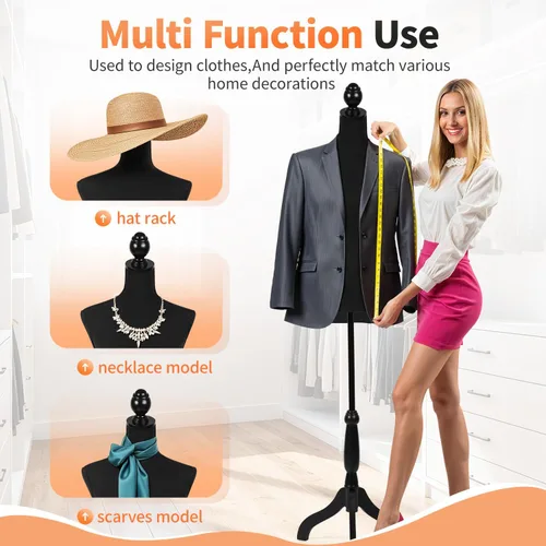Miniatura 5 de FDW Maniquí 60"-67" de altura ajustable, modelo de vestido femenino, soporte de trípode para exhibición de torso y cuerpo, formas de ropa (negro)