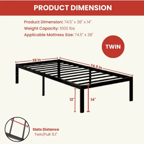 Miniatura 2 de Golden Gate Beds, base de cama de plataforma de metal, resistente, base de colchón de acero resistente, no necesita somier, fácil montaje, base Negro