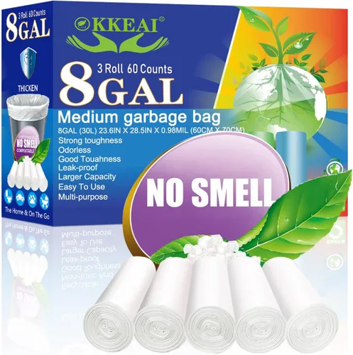 Miniatura 10 de OKKEAI 120 bolsas de basura Smal de 3 galones (10 litros), bolsas de basura para baño, cocina, oficina, color verde claro, ajuste de 10 litros, 2,3