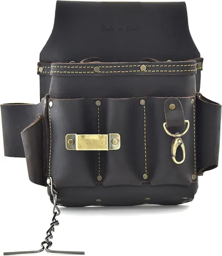 Style n Craft 10-Pocket Electrician's Tool Pouch, Heavy-Duty Leather with Metal Tape Clip, Metal Tape Chain and Fixed Snap, Durable Full-Grain