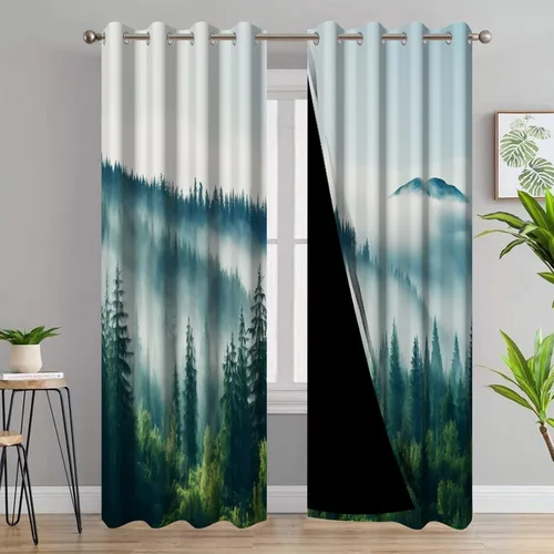 Miniatura 9 de AWERT Cortinas opacas para dormitorio, árbol negro con niebla, naturaleza, amanecer, bosque, 2 paneles para sala de estar, bloqueo de calor, 21 x 45