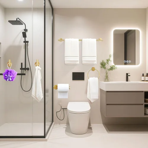 Miniatura 2 de Juego de 6 piezas de accesorios de baño de oro cepillado, anillo de toalla de mano de 16 y 23.6 pulgadas, soporte para toallas redondas, ganchos