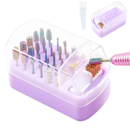 Miniatura 11 de Soporte para brocas de uñas 2 en 1 y estuche para cepillos de limpieza, 30 agujeros, a prueba de polvo, para arte de uñas, caja de almacenamiento