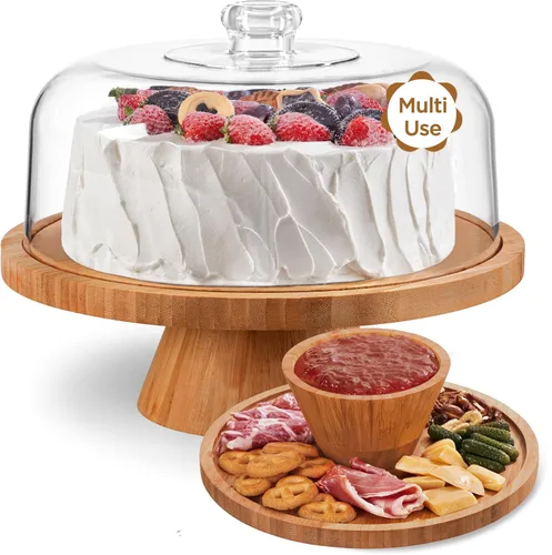 Miniatura 8 de HBlife Soporte para pasteles con tapa (16.5 pulgadas), soporte multifuncional para pasteles con cúpula acrílica, soporte rectangular de bambú 2 en 1