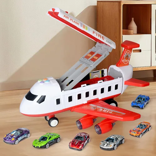 Miniatura 5 de Juguete de avión con pista de carreras plegable de 4 capas, avión de transporte con 6 autos de carreras, luces LED y sonidos, juguetes para niños