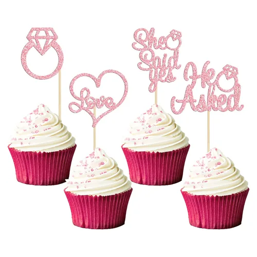 Miniatura 12 de Gyufise Paquete de 24 adornos para cupcakes con purpurina negra con la frase "He Asked She Said Yes" para cupcakes, anillos de corazón con purpurina