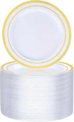 Miniatura 7 de BESTVIP 100 platos de postre de plástico transparente de 7 pulgadas, pequeño plato desechable para ensalada con borde dorado, platos pequeños