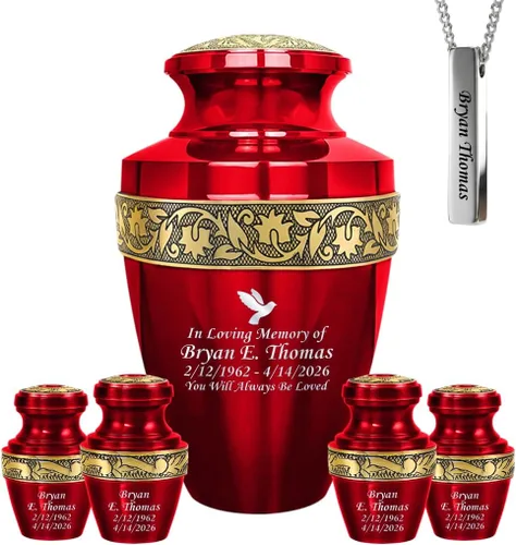Miniatura 13 de Juego de 6 urnas funerarias decorativas negras y doradas personalizadas/grabadas para cenizas humanas, hombres y mujeres, con 1 urna grande