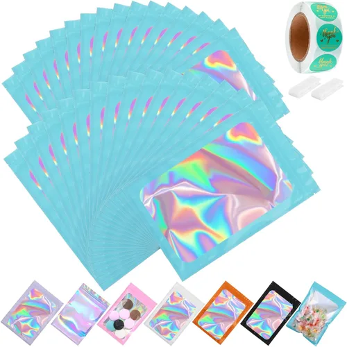 Miniatura 32 de Paquete de 150 bolsas holográficas de Mylar de 5 x 8 pulgadas con ventana transparente, pequeñas bolsas de papel de aluminio resellables