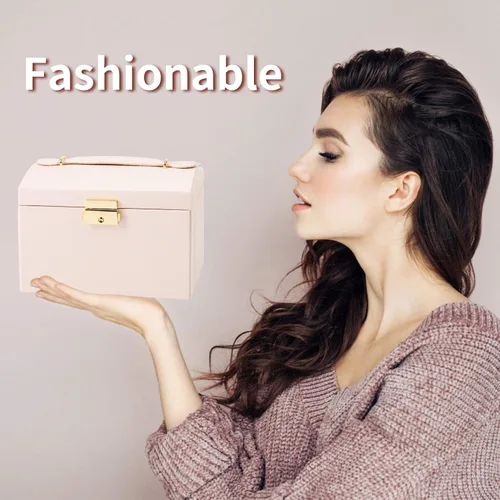 Miniatura 7 de DEZZIE Joyero para mujer piel sintética para personas mayores caja de almacenamiento de joyas de tamaño mediano de 3 capas con cerradura Estuche