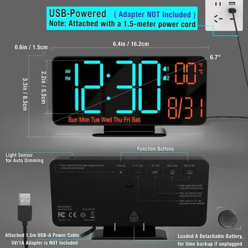 Miniatura 5 de KOSUMOSU Relojes despertadores para dormitorios, 6.7 pulgadas, pequeño reloj digital negro, LED, reloj despertador de escritorio con atenuación