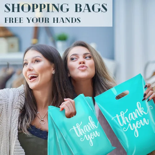 Miniatura 5 de Eersida 200 piezas de bolsas de plástico con asas para agradecimiento, bolsas de compras de plástico troqueladas al por mayor, 3 tamaños, paquete al
