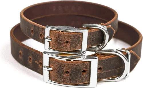Miniatura 4 de Collar de perro de cuero de brida personalizado hecho a mano, nombre de mascota grabado, herrajes en tono níquel/plateado (marrón desgastado)