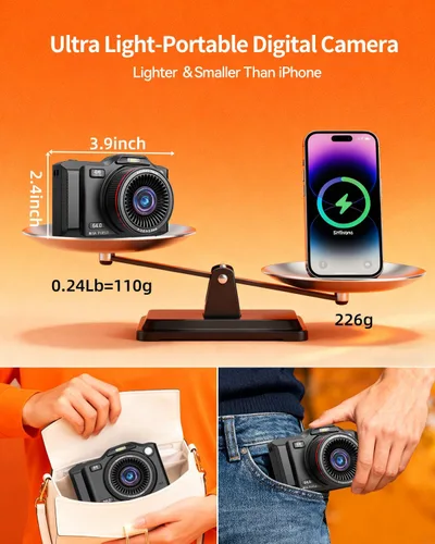 Miniatura 5 de Cámara digital, cámara de enfoque automático 4K 64MP con doble lente, zoom 18X/WiFi/tarjeta de 32 GB, cámaras de apuntar y disparar para regalos