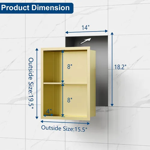Miniatura 2 de Qeke 14x18 Botiquín de Medicina Empotrado, Botiquín de Medicina Sin Espejo, Nicho de Pared de Acero Inoxidable 304 con Dos Estantes, Dorado Cepillado