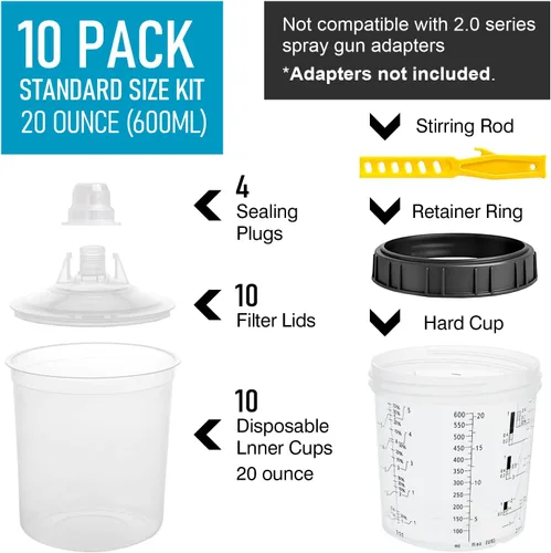 Miniatura 3 de Kit de vaso mezclador de pintura desechable para pistola de pintura automotriz, 10 piezas, 20 onzas, 10 forros, 10 tapas, 1 taza dura, 4 tapones