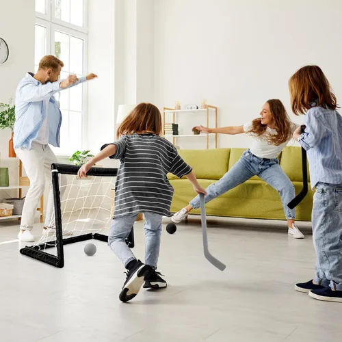 Miniatura 6 de Leyndo Juego de 2 juegos de mini hockey para niños, incluye 2 redes de hockey, 2 mini portería de hockey, 4 mini palos de hockey de plástico, 4