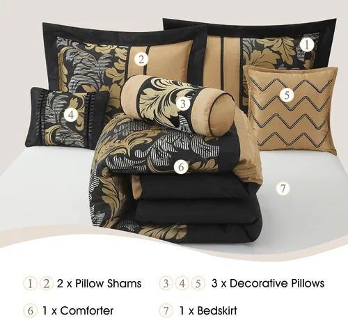 Miniatura 3 de Stratford Park Juego de ropa de cama de 7 piezas con diseño de hojas, color negro, tamaño Queen, diseño jacquard, para todas las estaciones, falda
