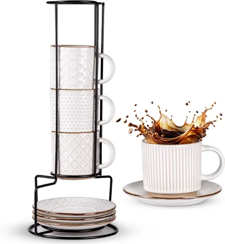 Miniatura 18 de GBhome Tazas de café apilables de 6 onzas, tazas de café de cerámica con patrones de textura para hombre, mujer, papá, mamá, juego de 4 tazas