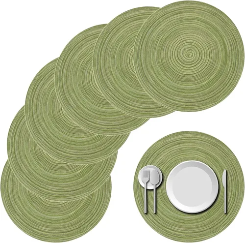 Miniatura 8 de Juego de 4 manteles individuales redondos trenzados de 15 pulgadas, manteles individuales lavables para mesa de cocina, bodas, fiestas (negro y gris)