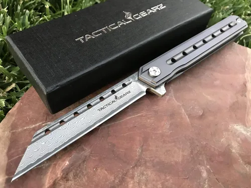 Miniatura 7 de TACTICAL GEARZ Navaja de bolsillo de Damasco para EDC, mango de titanio sólido, hoja Tanto de acero Damasco VG10 de 67 capas múltiples, incluye XT