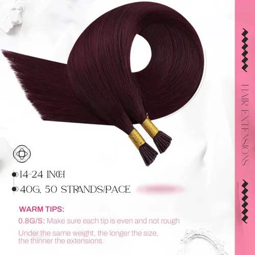 Miniatura 2 de Moresoo Extensiones de cabello humano con punta en I Tip, extensiones de cabello humano real color rojo vino, Itip para boda, 0.8 gm/hebra, 50