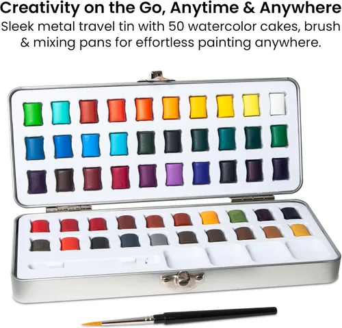 Miniatura 2 de ARTISTIK Juego de pintura de acuarela con pincel, 50 colores en media paleta y lata de metal portátil, juego de acuarela vívida premium