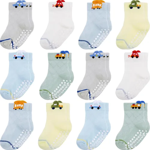 Miniatura 7 de Calcetines antideslizantes con agarre para tobillos, paquete de 12 unidades para niños pequeños, niños y niñas, lindos calcetines de algodón