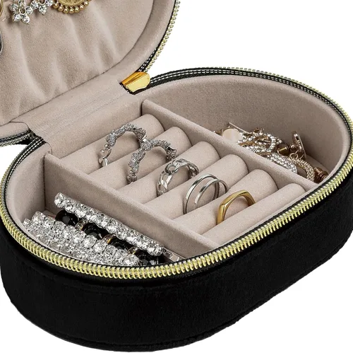 Miniatura 5 de Changsuo Joyero de terciopelo de felpa para viajes, pequeño joyero para mujeres, organizador de viaje de joyería (ébano)