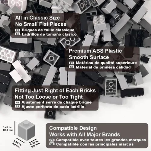 Miniatura 5 de Ladrillos de construcción de 1000 piezas en negro, gris oscuro, gris claro y blanco, bloques de construcción clásicos generales juguetes para niños