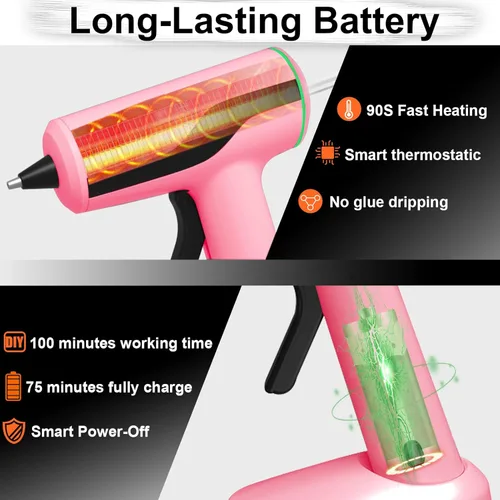 Miniatura 3 de Kit de pistola de pegamento caliente inalámbrica MONVICT, pistola de pegamento rosa mini recargable USB-C con 40 piezas de barras de pegamento