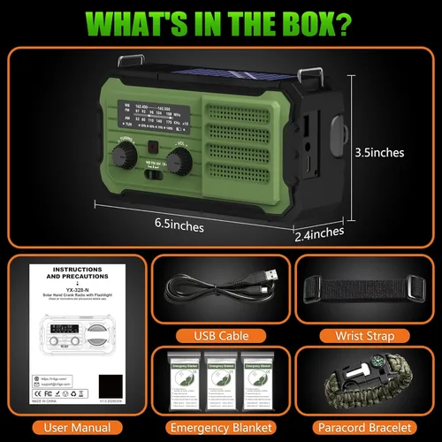 Miniatura 9 de Radio de emergencia con manivela solar, 10000 mAh/37000 mWh, radio meteorológica de emergencia, radios solares de manivela con NOAA/AM/FM, linterna
