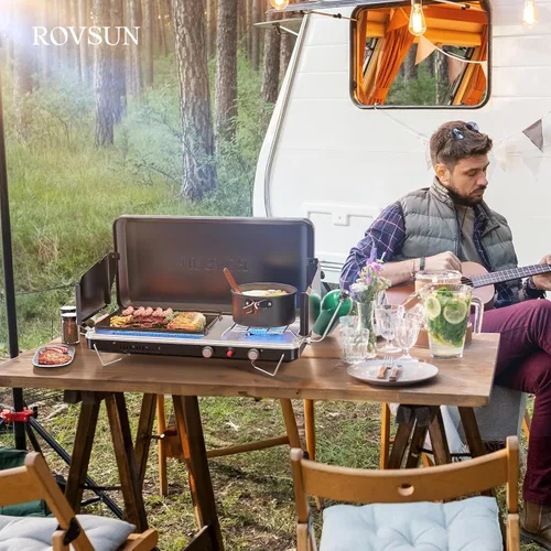 Miniatura 7 de ROVSUN Estufa de camping portátil 2 en 1 y parrilla de propano con plancha de esmalte y encendedor piezoeléctrico, estufa de campamento de mesa