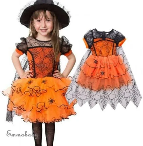 Miniatura 5 de Vestido de tul de Halloween para niñas pequeñas, vestido de manga larga con diseño de calabaza, telaraña, princesa, fiesta, faldas a rayas