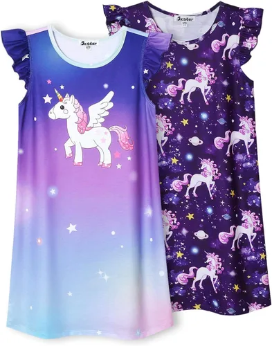 Miniatura 8 de Jxstar Paquete de 2 camisones para niñas, pijamas de manga con vuelo, vestidos de noche de algodón