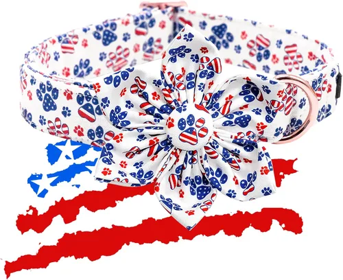 Miniatura 3 de Lionheart glory Collar de perro con bandera estadounidense, collar de flores para perro del 4 de julio, resistente y ajustable, patriótico con flor