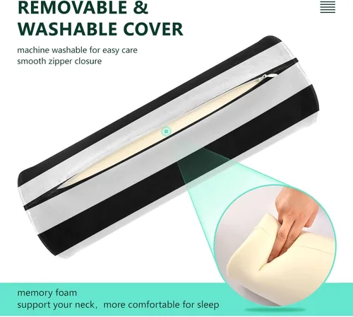 Miniatura 4 de Almohada redonda con funda a rayas blancas y negras para el cuello, almohada cervical, soporte de cuello de espuma viscoelástica para dormir