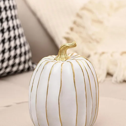 Miniatura 5 de FESTGLOX Decoración de calabaza de otoño, 2 figuras de calabaza falsas de resina de Acción de Gracias, calabazas blancas y doradas para decoración