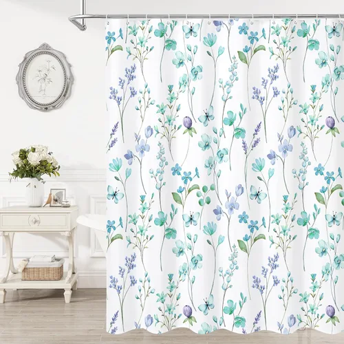 Miniatura 31 de Litabel Cortina de ducha con diseño floral de acuarela, cortina de ducha de flores de mariposa azul para baño, juego de cortina de ducha moderna