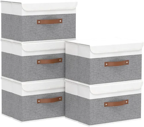 Miniatura 39 de Yawinhe SNK024BEN-1 Cajas de almacenamiento plegables, cestas apilables de tela de lino, contenedor con tapa y asa de cuero, lavable, para el hogar