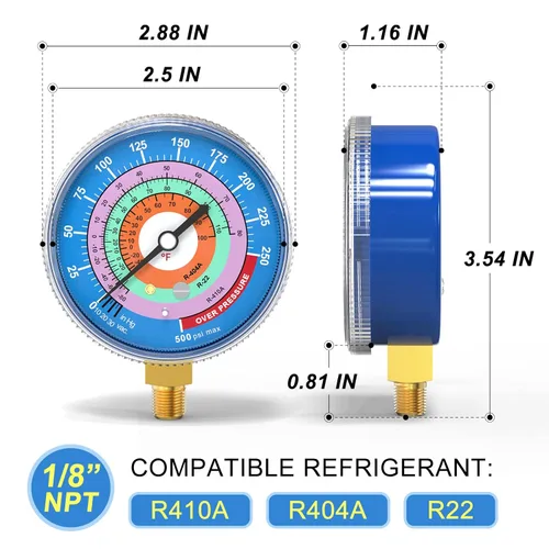 Miniatura 2 de MEANLIN MEASURE Medidor de presión para refrigeración, 1/8" NPT, 30 in HG a 250Psi, 2-3/4" dial, R-404A, R-22, R-410A, grado F, con 1/4" NPT y 3/8
