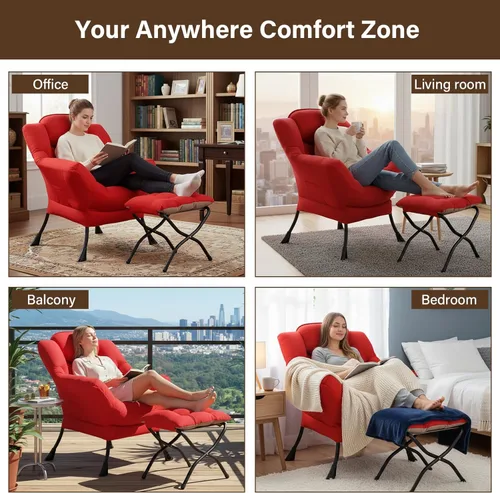 Miniatura 7 de Welnow - Silla perezosa con otomana, moderna silla de descanso con reposabrazos y bolsillo lateral, juego de sillón tapizado de ocio, sillón de Rojo