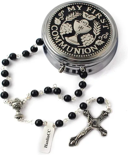 Miniatura 4 de HanlinCC - Rosario para primera comunión de 6 mm con centro de cáliz, perlas de cristal y crucifijo chapado en plata para niña, en caja de regalo