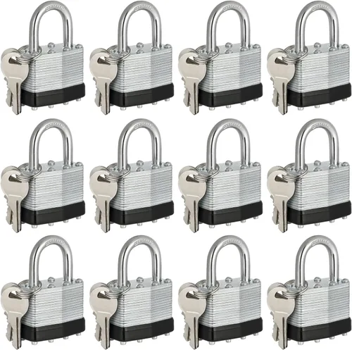 Miniatura 9 de Candados con llave igual, candados chapados en níquel, juego de 12, cerradura de llave con cuerpo de 1-9/16 pulgadas de ancho, grillete largo de 2