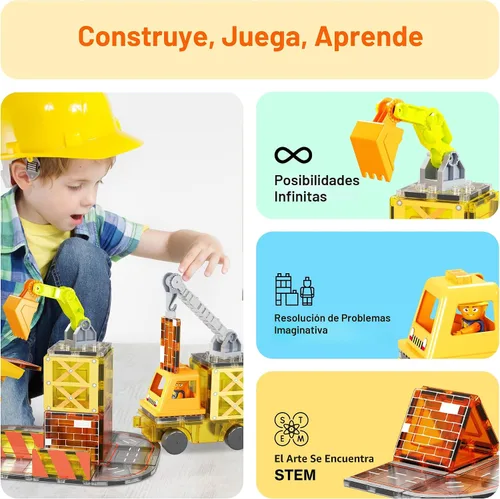 Miniatura 4 de PicassoTiles Azulejos Magnéticos de Construcción Temáticos Bloques de Construcción 5-en-1 Grúa, Escalera, Camión Volquete, Excavadora