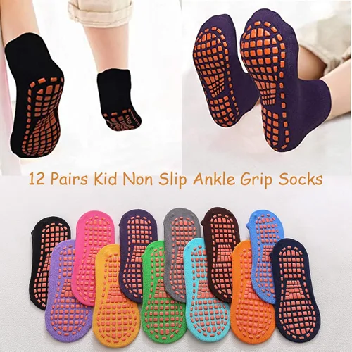 Miniatura 4 de 12 pares de calcetines de trampolín – Puños antideslizantes para niños con protección antideslizante para el tobillo para niños y niñas